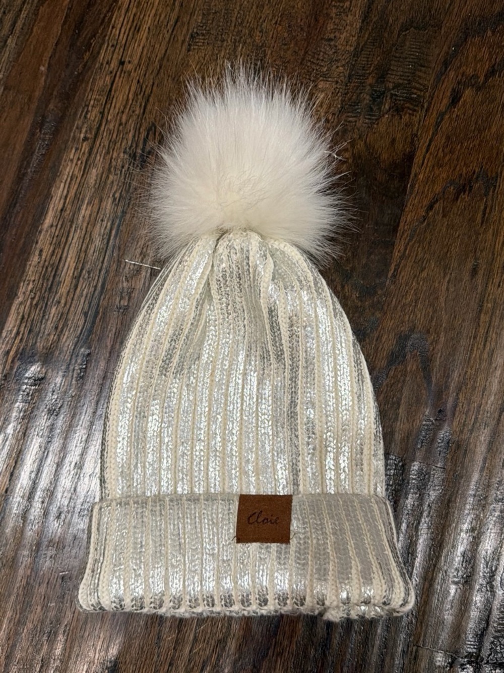 Ivory Metallic Knit Pom Beanie with Faux Fur Pom